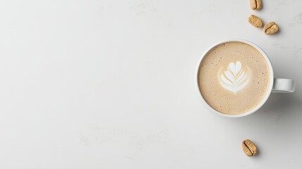 Minimalist top-down view of a cappuccino with heart-shaped latte art and scattered nuts on a clean white background. A calm, cozy setup perfect for cafe branding or morning coffee themes.