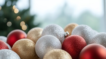 Close-up of glittery red, silver, gold, and white Christmas ornaments. The soft focus and cool-toned background create a festive and elegant holiday atmosphere perfect for seasonal design themes.