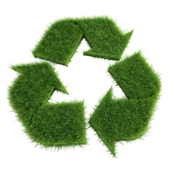 Eco friendly recycling symbol created from vibrant green grass set against a black background