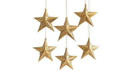 Fototapeta premium Six gold star ornaments hanging against a black background Christmas decoration festive sparkle