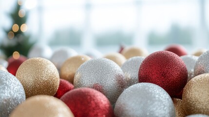 Close-up of glittery red, silver, gold, and white Christmas ornaments. The soft focus and cool-toned background create a festive and elegant holiday atmosphere perfect for seasonal design themes.
