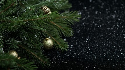Dark festive background with green pine branches, golden ornaments, and falling snow against a black backdrop. A luxurious and elegant holiday scene perfect for seasonal designs and promotions.
