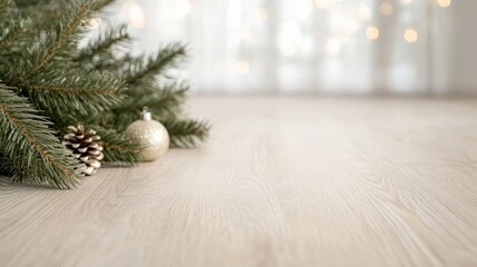 Festive Christmas background with pine branches, a frosted pinecone, and a gold ornament on a wooden surface. Blurred tree lights and window create a cozy, minimal holiday atmosphere with copy space.