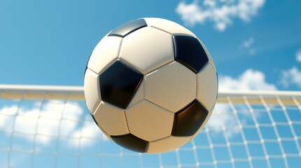 Realistic soccer ball in mid-air against vibrant blue sky with clouds, soft lighting, and faint goal net. Energetic, detailed scene capturing the excitement of a live match.

