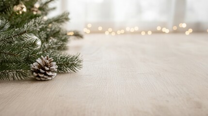 Minimalist Christmas background with a frosted pinecone and evergreen branch on a light wooden surface. Soft string lights and sheer curtains add a warm, festive, and cozy holiday atmosphere.