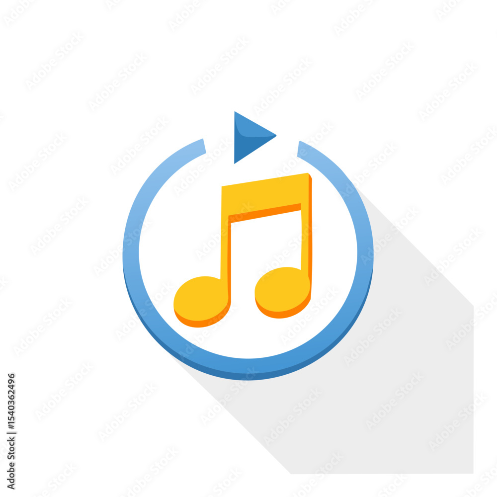 Poster musical note icon with play symbol for audio or video playback in a modern design style featuring ci