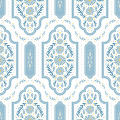 Vintage art nouveau floral sweet and charming blue cottagecore shabby chic seamless pattern repeatable for print background fabric textile cards backdrop in folk art decorative illustration style	