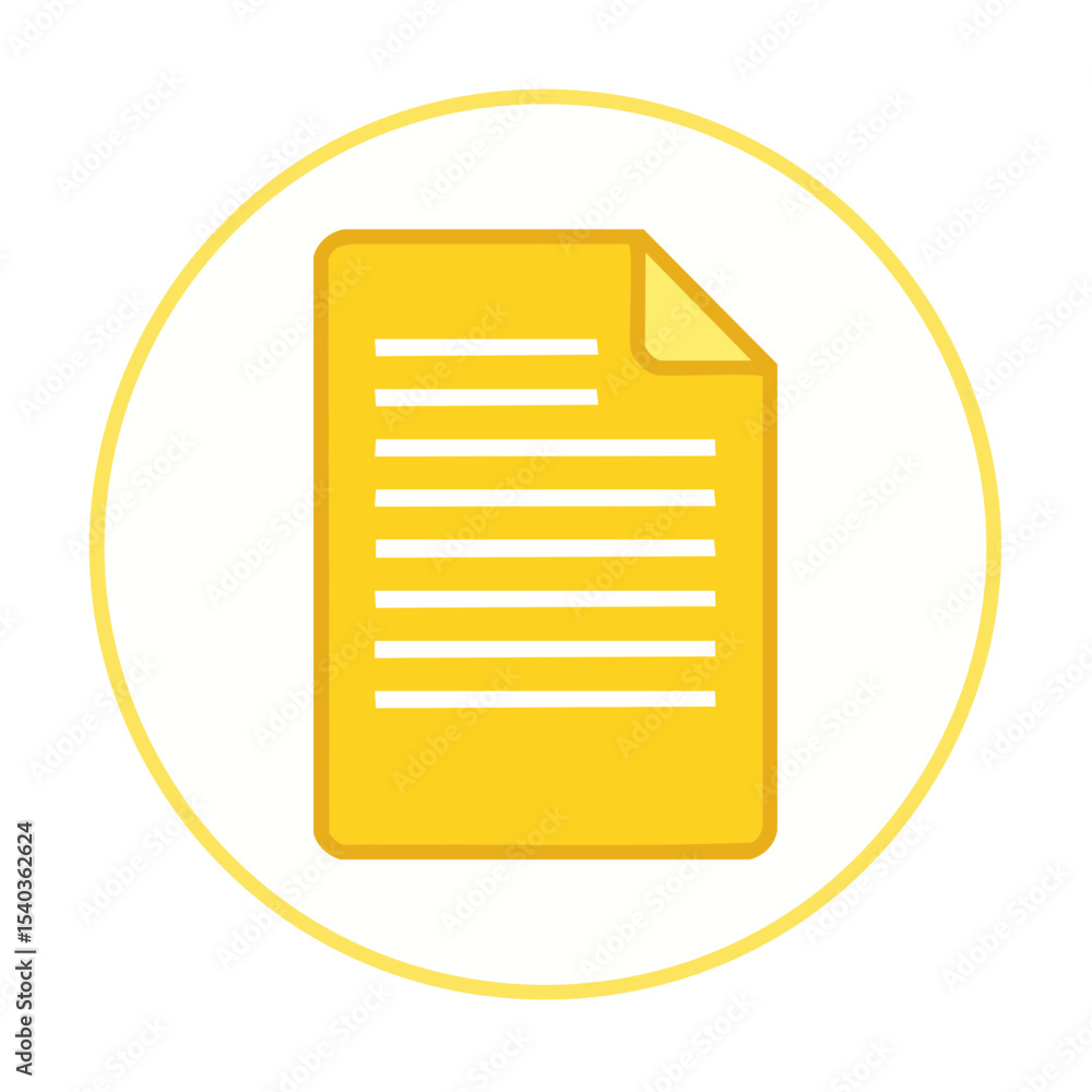 Aufkleber yellow document icon on white circle with lines for text representing reports files and paperwork fo