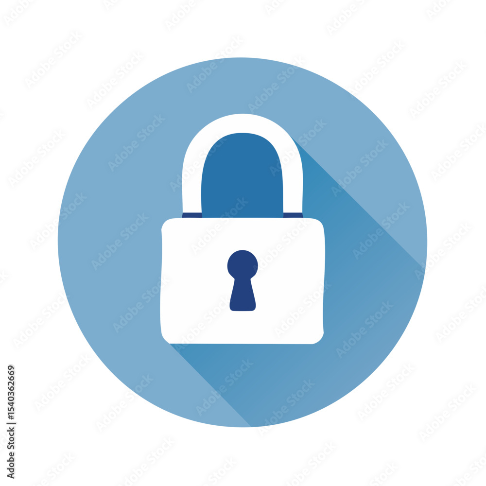 Poster lock icon with long shadow on blue round background security concept and data protection metaphor sy