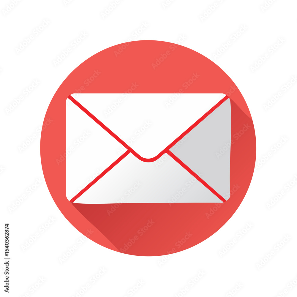 Poster white email envelope icon with red outline set against round coral background communication and onli