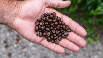 Close-up of a hand holding a pile of roasted coffee beans outdoors. The image highlights the rich texture and color of the beans, symbolizing artisanal production and the journey from farm to cup.