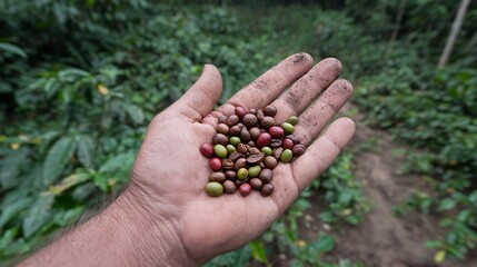 Close-up of a hand holding a pile of roasted coffee beans outdoors. The image highlights the rich texture and color of the beans, symbolizing artisanal production and the journey from farm to cup.