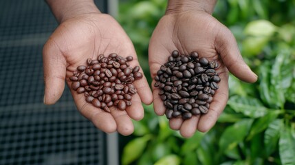 Close-up of a hand holding a pile of roasted coffee beans outdoors. The image highlights the rich texture and color of the beans, symbolizing artisanal production and the journey from farm to cup.