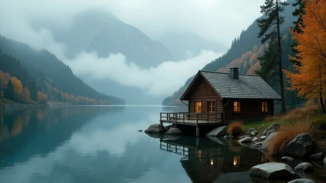 A small cabin sitting on the shore of a lake, ideal for a peaceful getaway or a relaxing vacation.