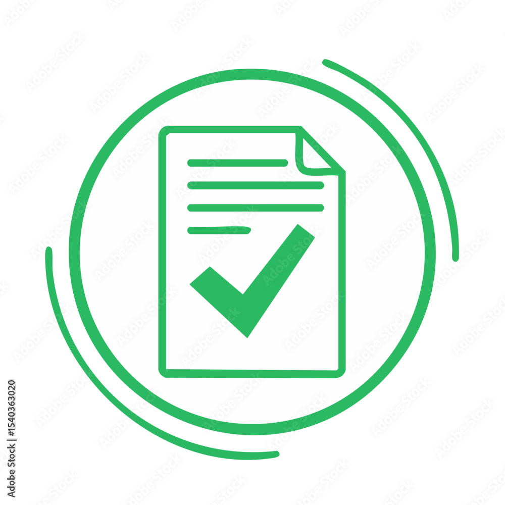 Poster green document with checkmark graphic in circular design approval and completion