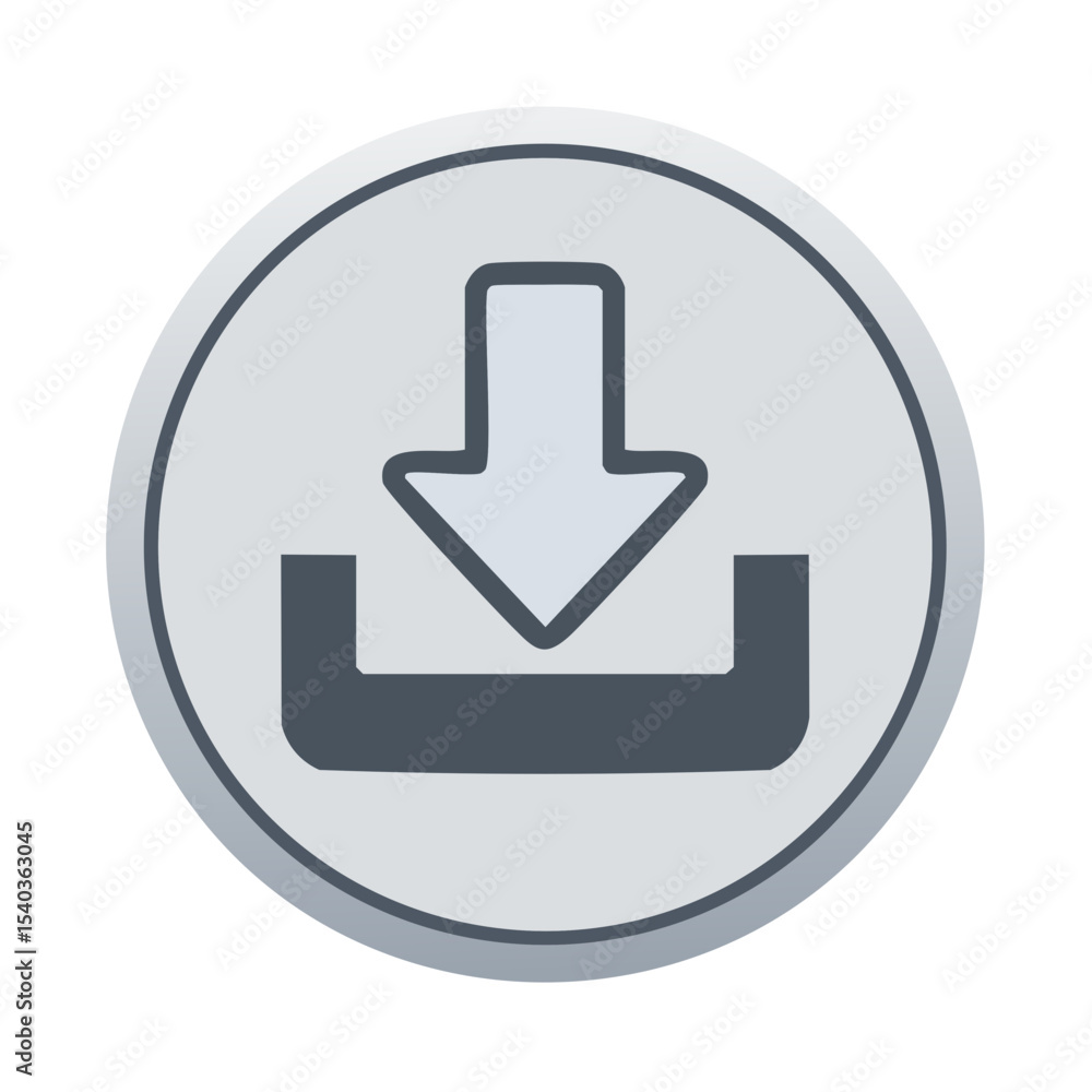 Poster download icon in gray circle featuring an arrow pointing down into a tray for saving files and data 