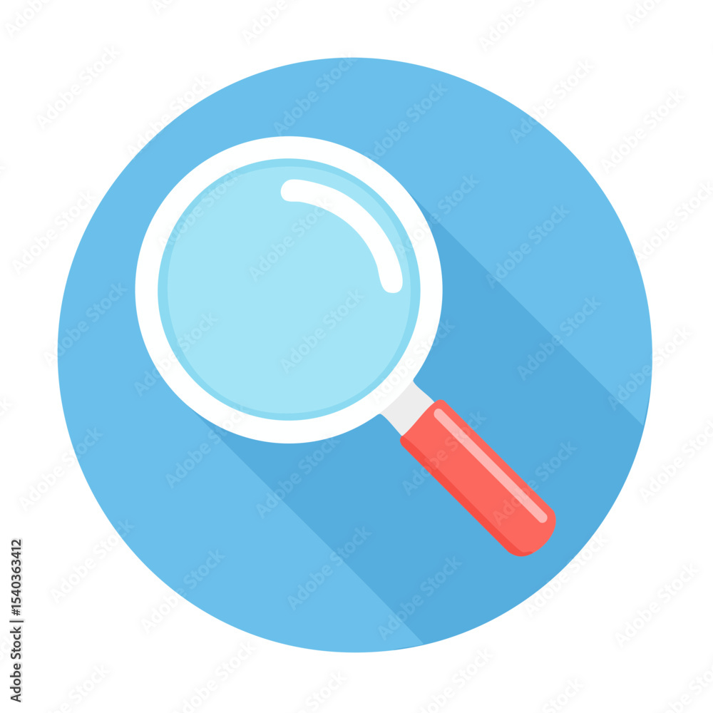 Poster magnifying glass icon with long shadow for search or finding investigation concept in flat vector de