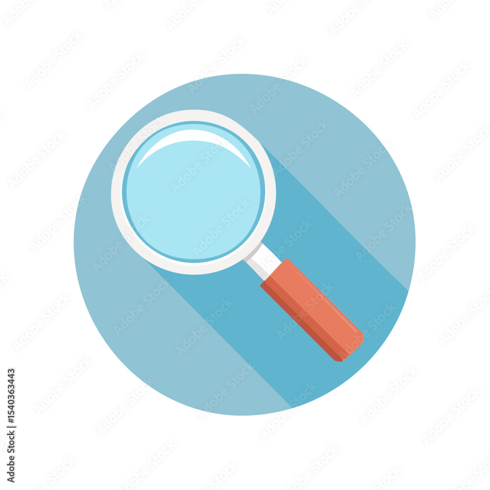 Poster magnifying glass icon on blue circle background for search and discovery flat design vector illustra