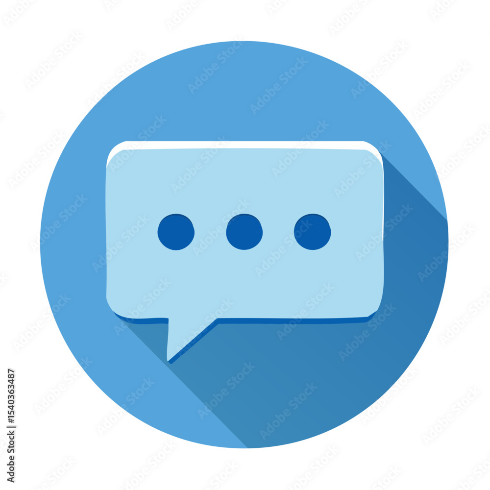 Poster blue speech bubble icon with three dots inside communication online messaging design long shadow vec