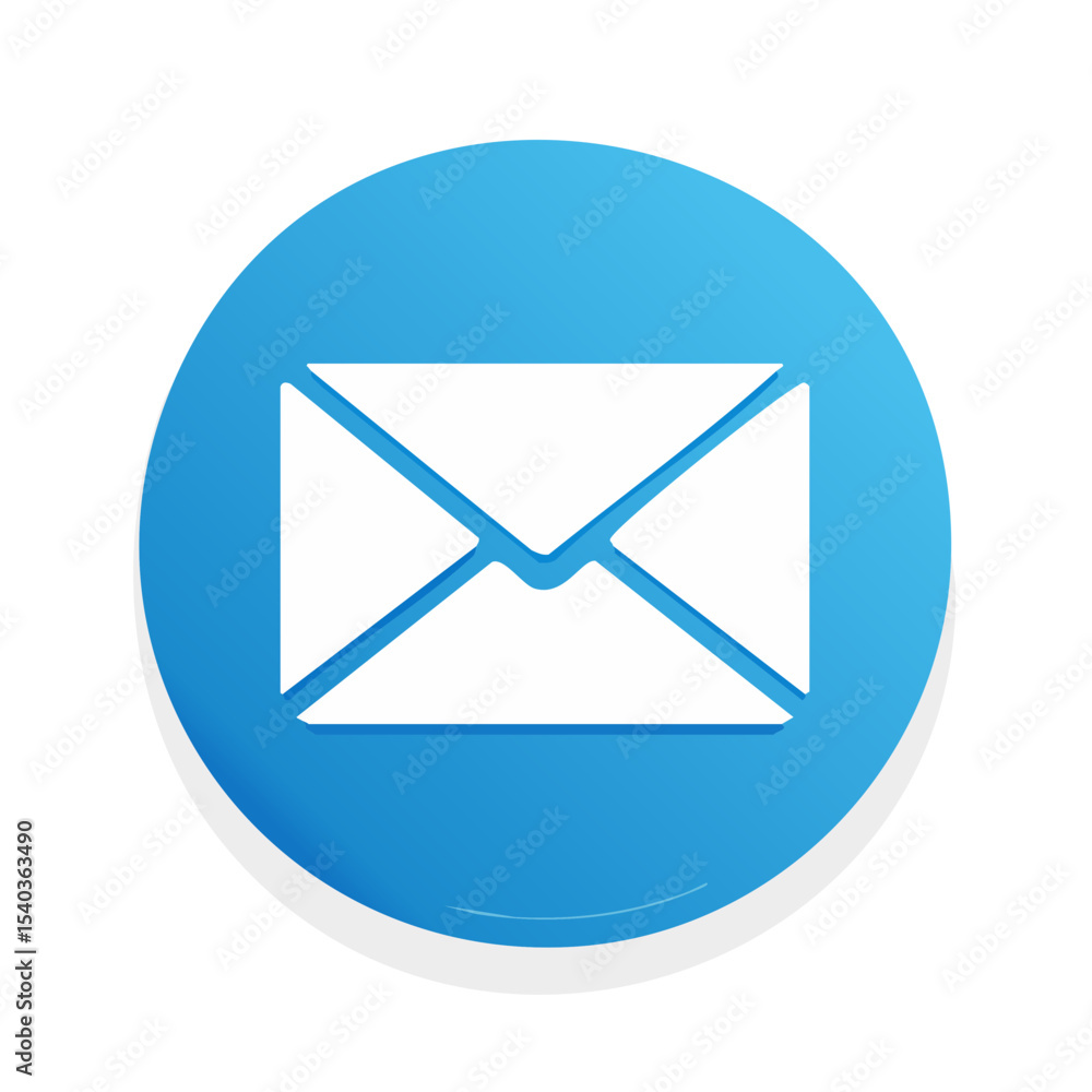 Poster email icon on blue circle button for message delivery and online communication platform concept
