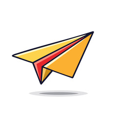 Yellow paper airplane with red stripe on a black background, cartoon style illustration