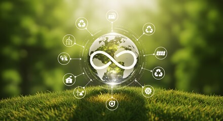 Globo virtual con íconos de economía circular en el origen natural y de la ciudad, la economía circular es un desarrollo empresarial sostenible en el futuro mediante el uso de la técnica generativa de