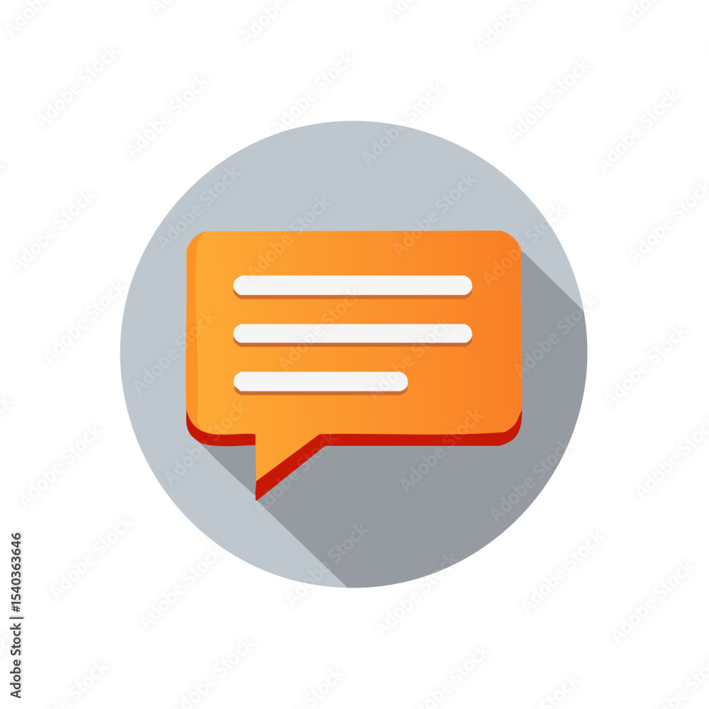 Poster orange speech bubble graphic icon with long shadow on a gray circle for message communication and fe