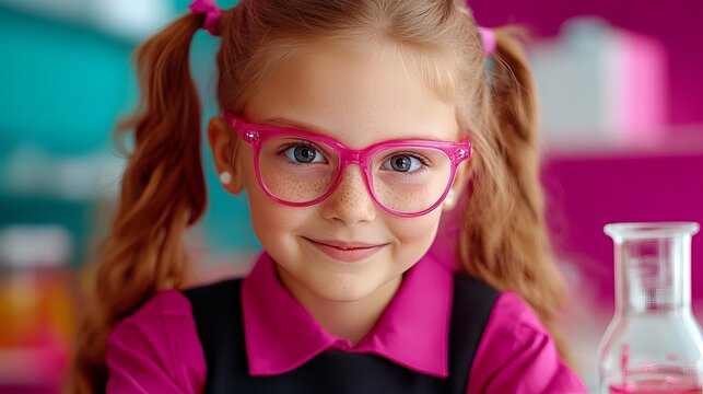 Smiling young girl wearing pink glasses and a matching pink shirt looks directly at the camera in a brightly colored room.