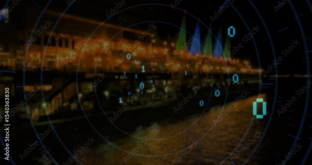 Poster grid lines appearing over pier, cyan digits fading, moving then dissolving creating digital overlay