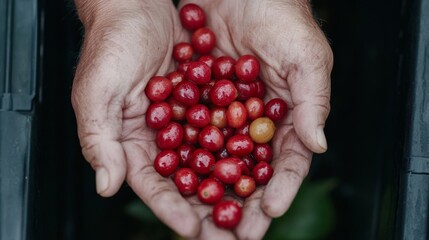 Close-up of a farmer’s hands holding freshly harvested red coffee cherries. The image captures the raw, natural beauty of sustainable farming and the beginning stage of the coffee production process.