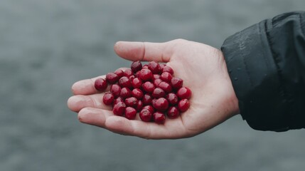 Close-up of a farmer’s hands holding freshly harvested red coffee cherries. The image captures the raw, natural beauty of sustainable farming and the beginning stage of the coffee production process.