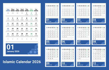 Desk Calendar 2026 with Islamic Hijri calendar . Calendar 2026 with portrait or vertical design. week start on Sunday. Sunday as weekend. Friday as holy day marked with green.A4 format size.