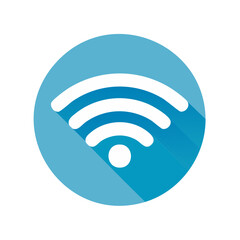 Wireless internet connection icon illustration in blue circle representing network communication and digital connectivity with long shadow design