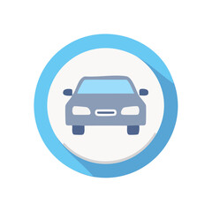 Illustration of sedan vehicle in blue and grey in circular frame for transit, travel, delivery concepts