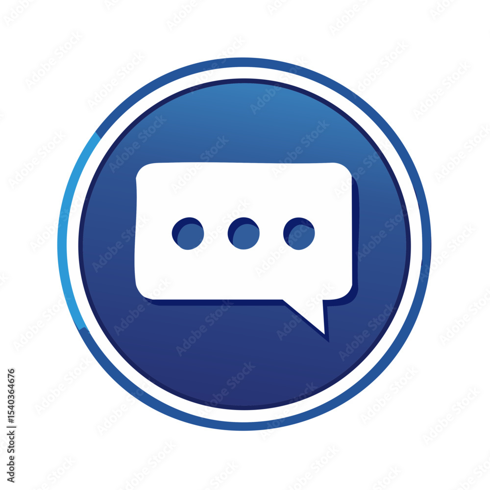 Poster white chat bubble icon on blue round button, speech communication symbol for social media and messag