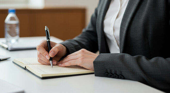 Cropped frame of a Gulf woman writing in a notebook during a business meeting — a professional environment captured without facial detail.
- Powered by Adobe