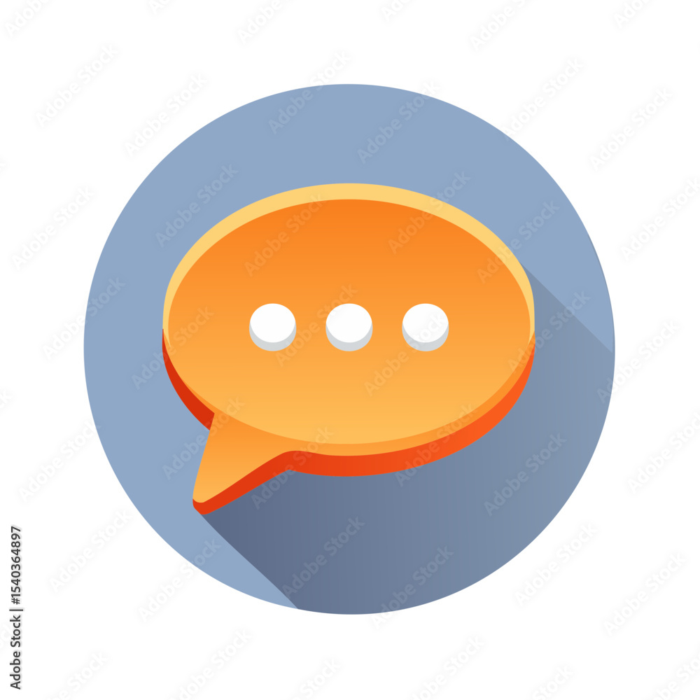 Poster orange speech bubble icon with three dots communication dialog round shape with shadow on blue backg