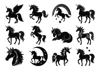 unicorn set bundle silhouette vector illustration
