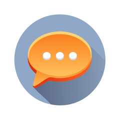 Fototapeta premium Orange speech bubble icon with three dots communication dialog round shape with shadow on blue background graphic design element