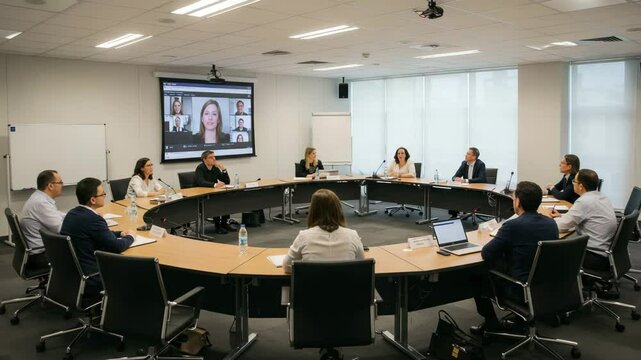 Discussion on collaboration strategies held in a modern conference room with remote participants on screen
