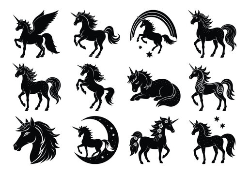 unicorn set bundle silhouette vector illustration