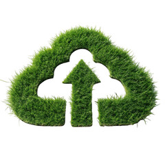 Green grass cloud symbol with upload arrow on a black background represents data storage