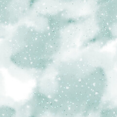 Seamless pattern with soft green and white watercolor textures. Subtle snow or dust-like overlay adds depth. Hand-painted illustration ideal for textiles, backgrounds, packaging, and digital design.