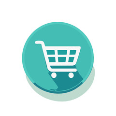 Shopping cart icon in turquoise circle offering an online retail and e-commerce solution for consumers and vendors