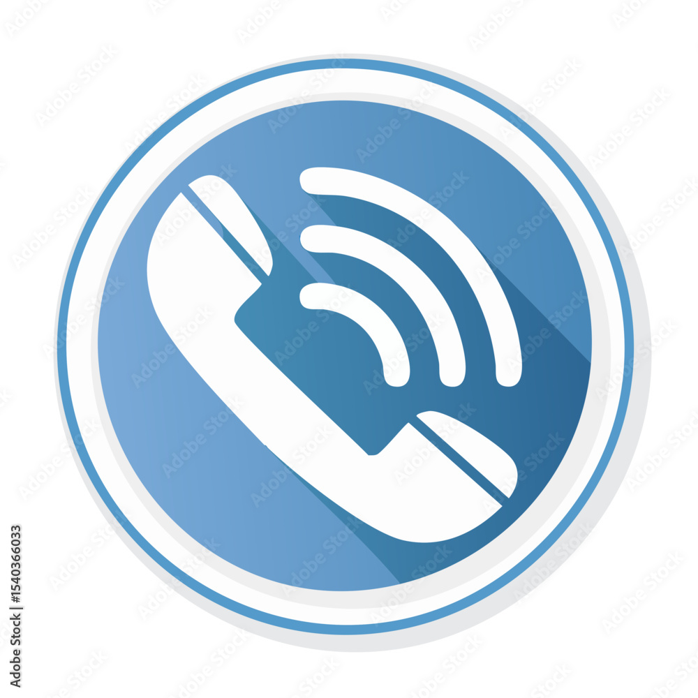 Poster phone call communication symbol on blue button with a long shadow calling telephone mobile contact c