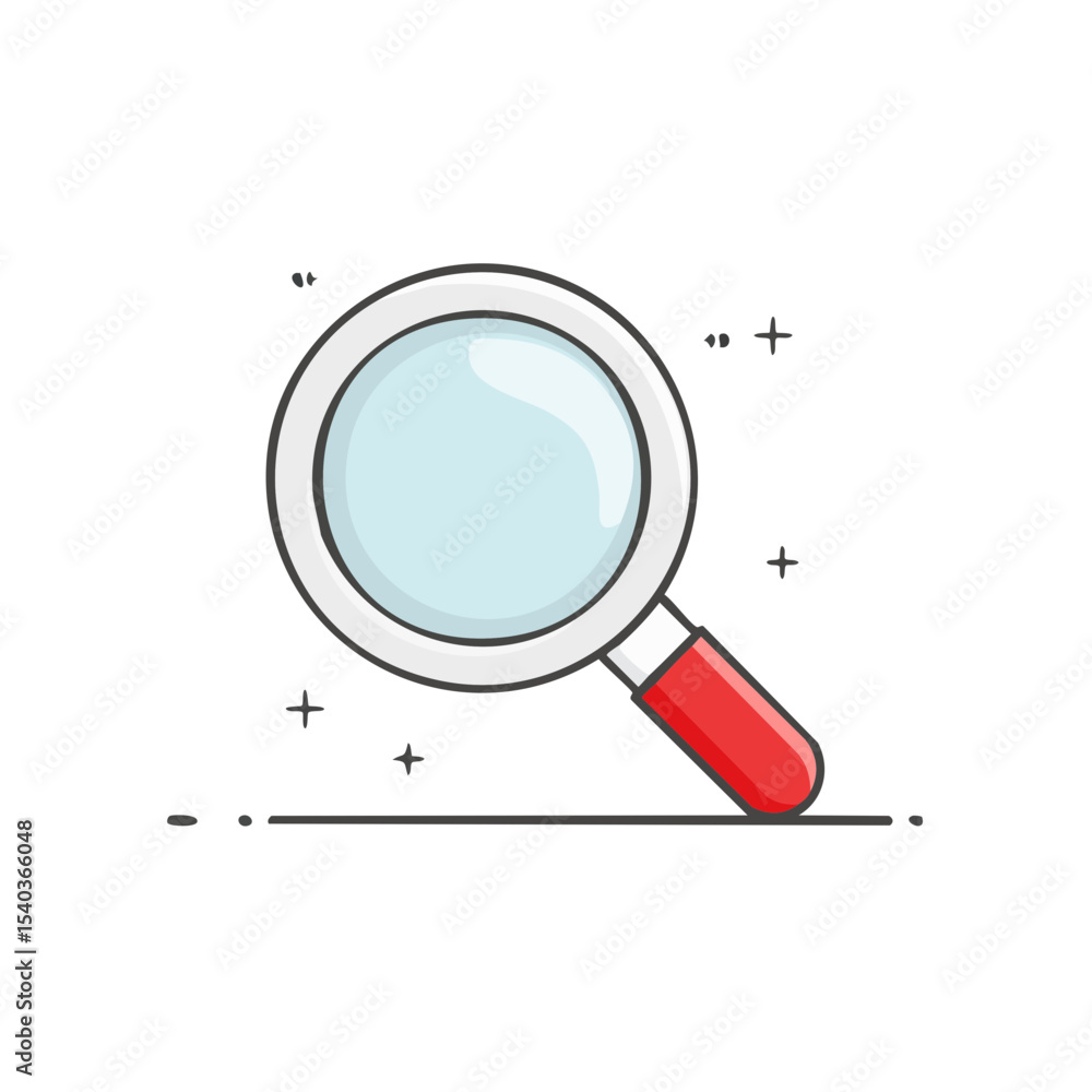 Poster magnifying glass icon with red handle on black background for searching and exploring details