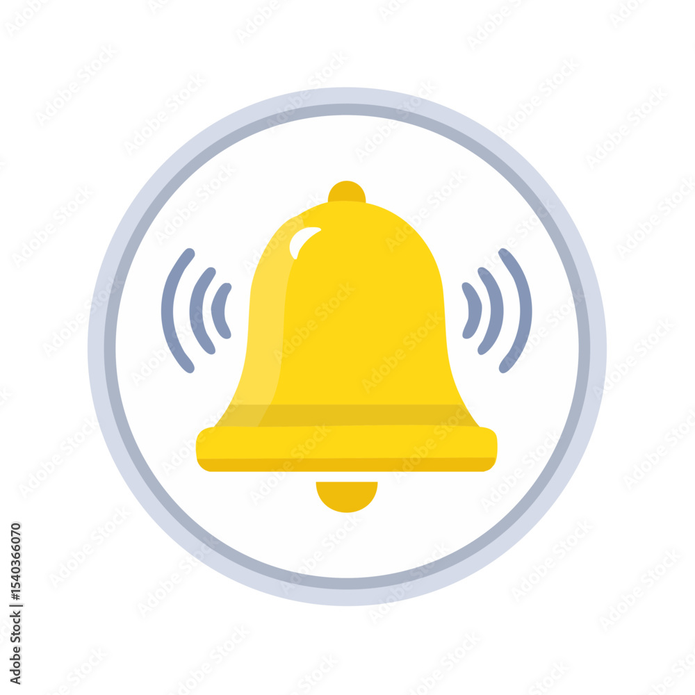 Poster isolated golden bell icon with ringing vibration on white round badge alert notification reminder ap