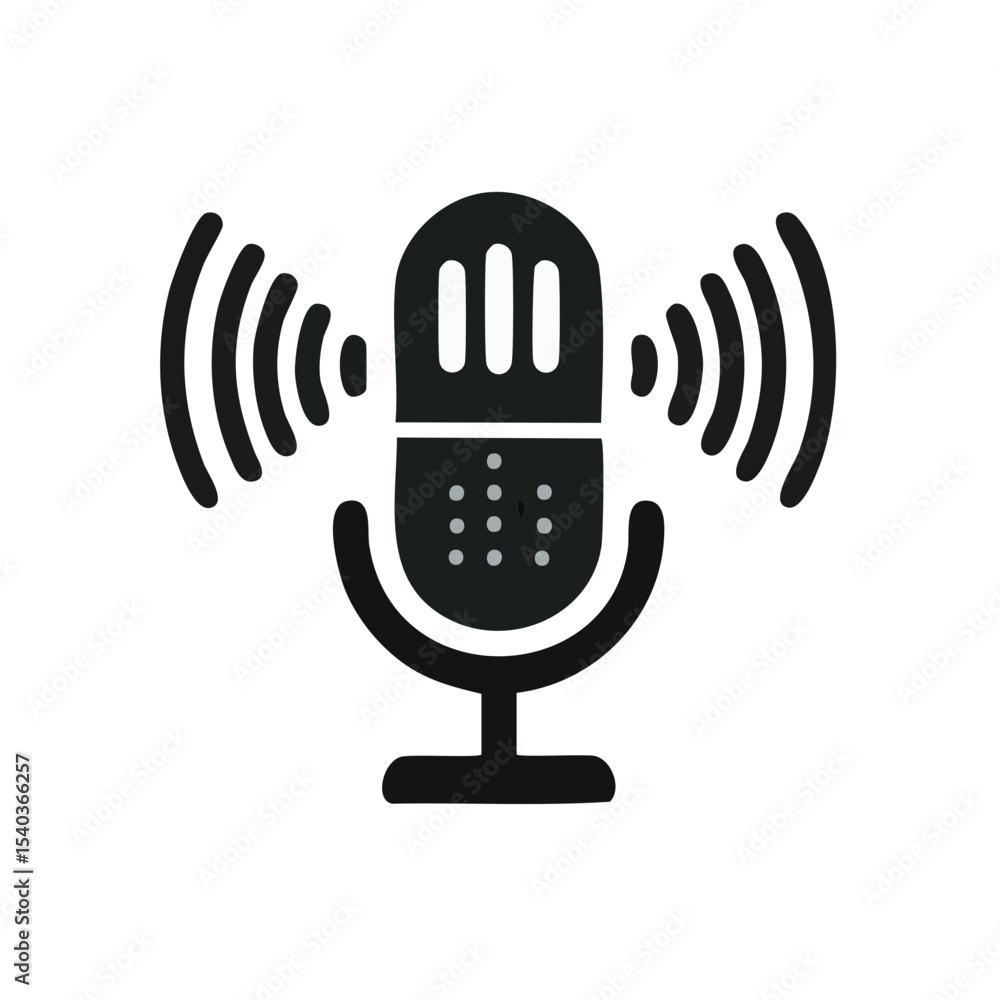 Poster podcast microphone icon with sound waves for audio recording and broadcasting