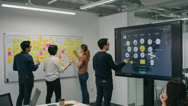 Collaborative brainstorming session in a modern workspace with creative professionals