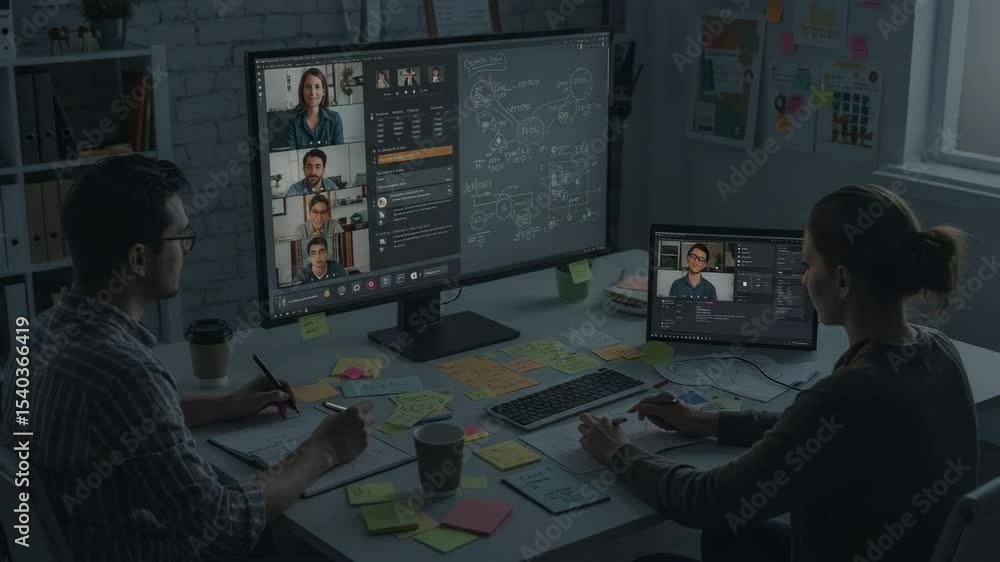 Aufkleber collaborative online meeting with multiple participants discussing project updates in a modern works